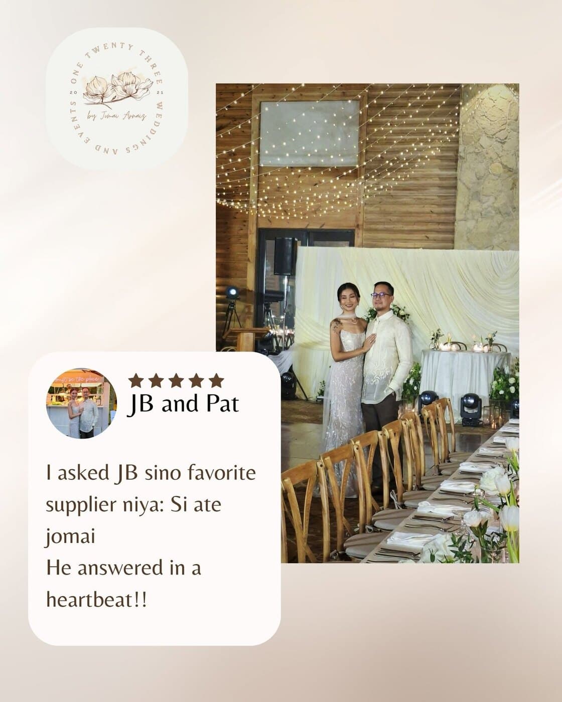 Feedback card from JB & Pat