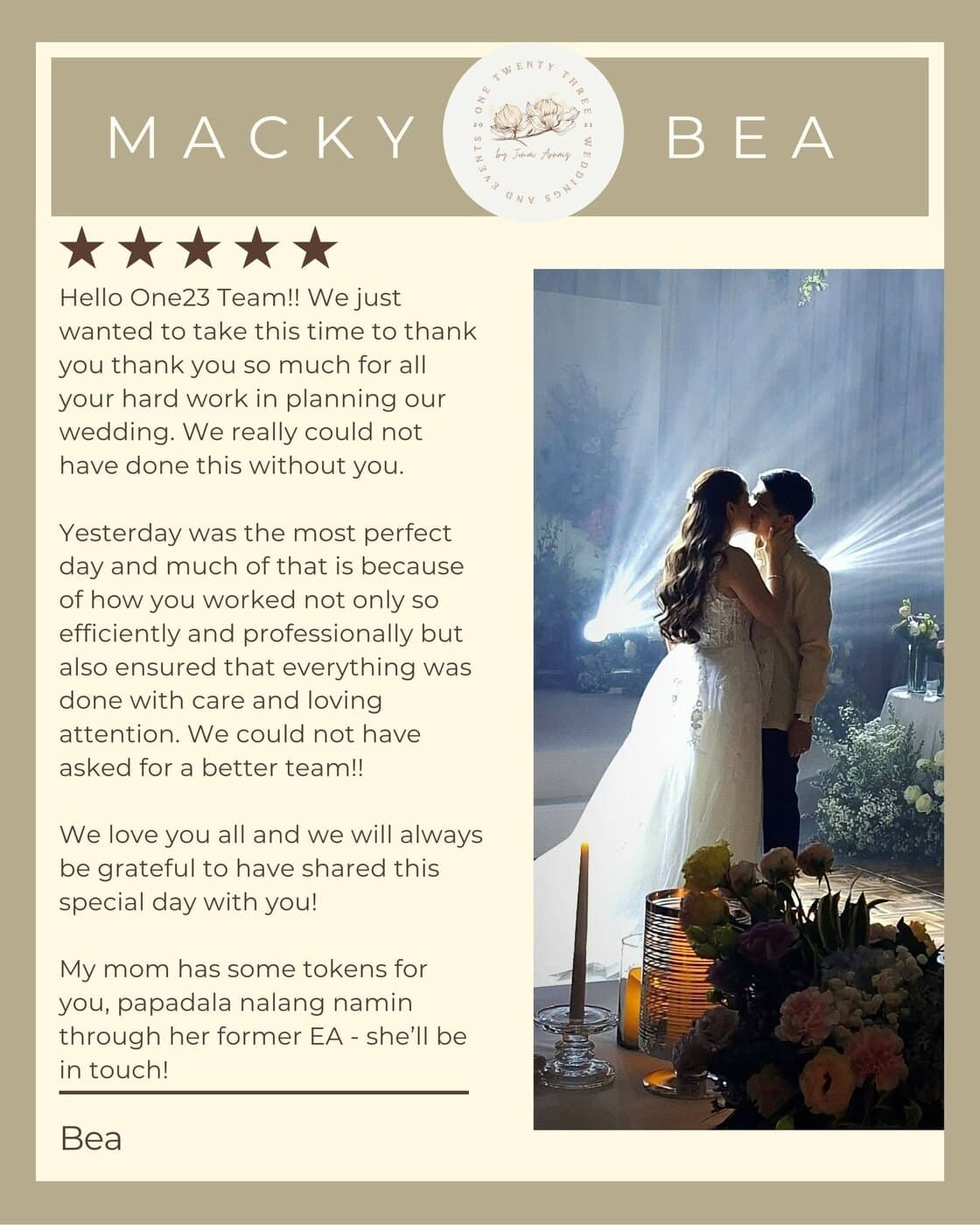 Feedback card from Macky & Bea