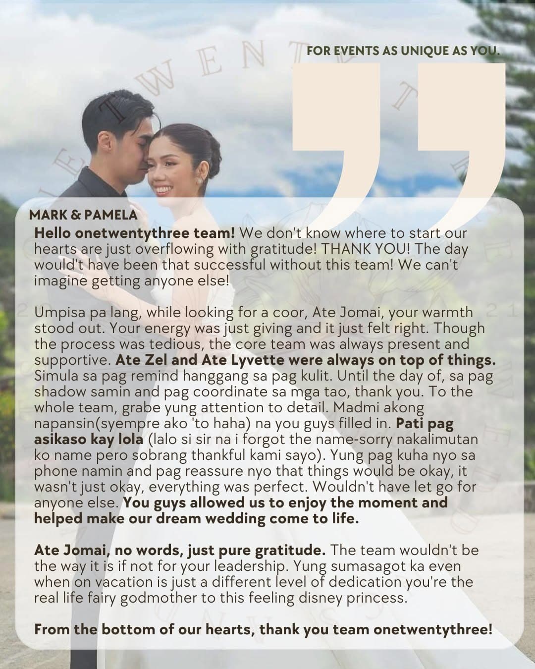 Feedback card from Mark & Pamela