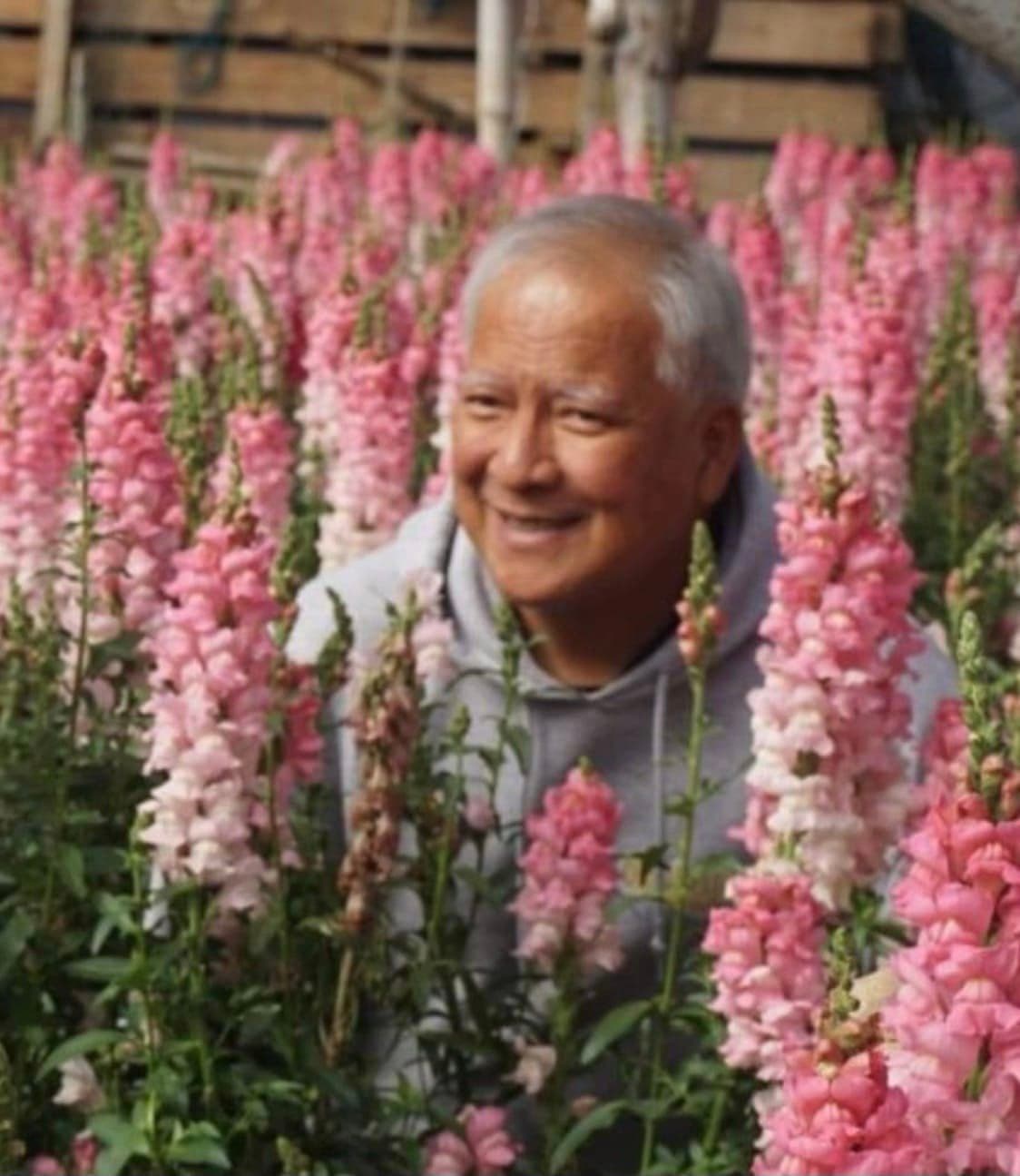 Her uncle Bujit, standing among pink snapdragons