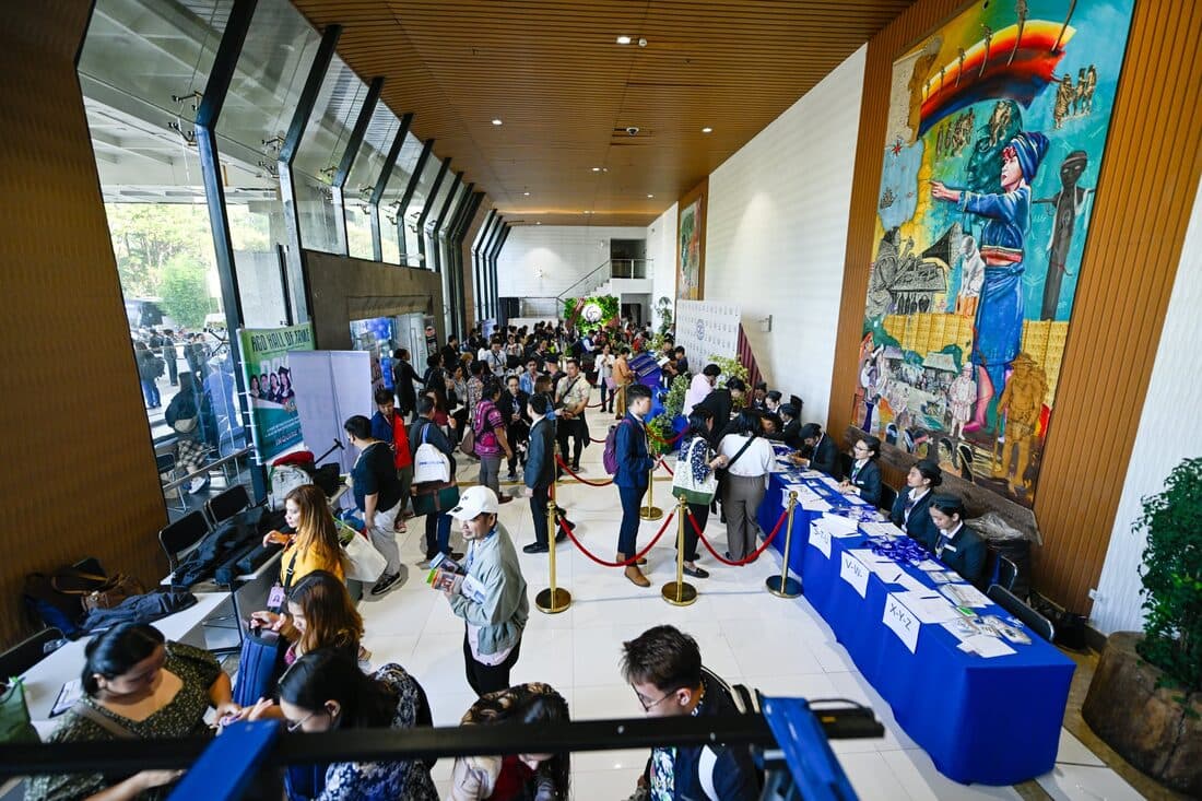 The registration hall beside the mural