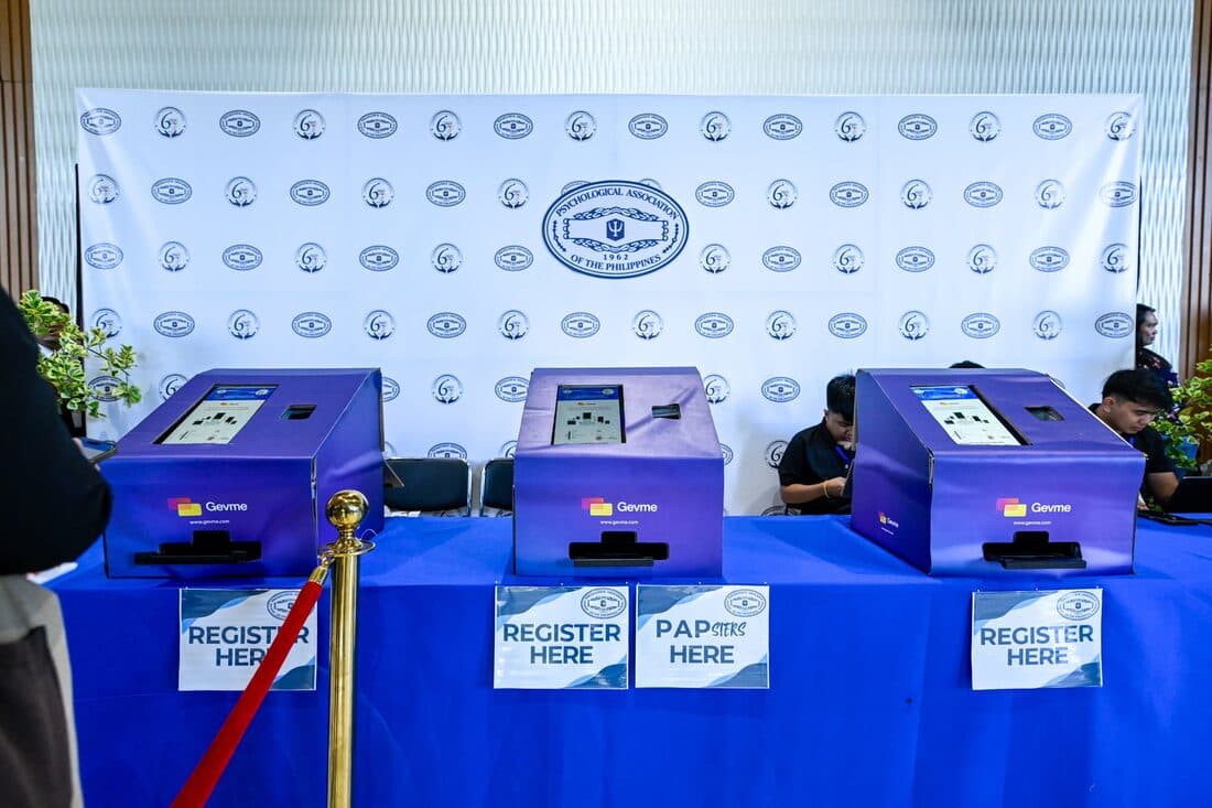 The registration desks, ready for the doors