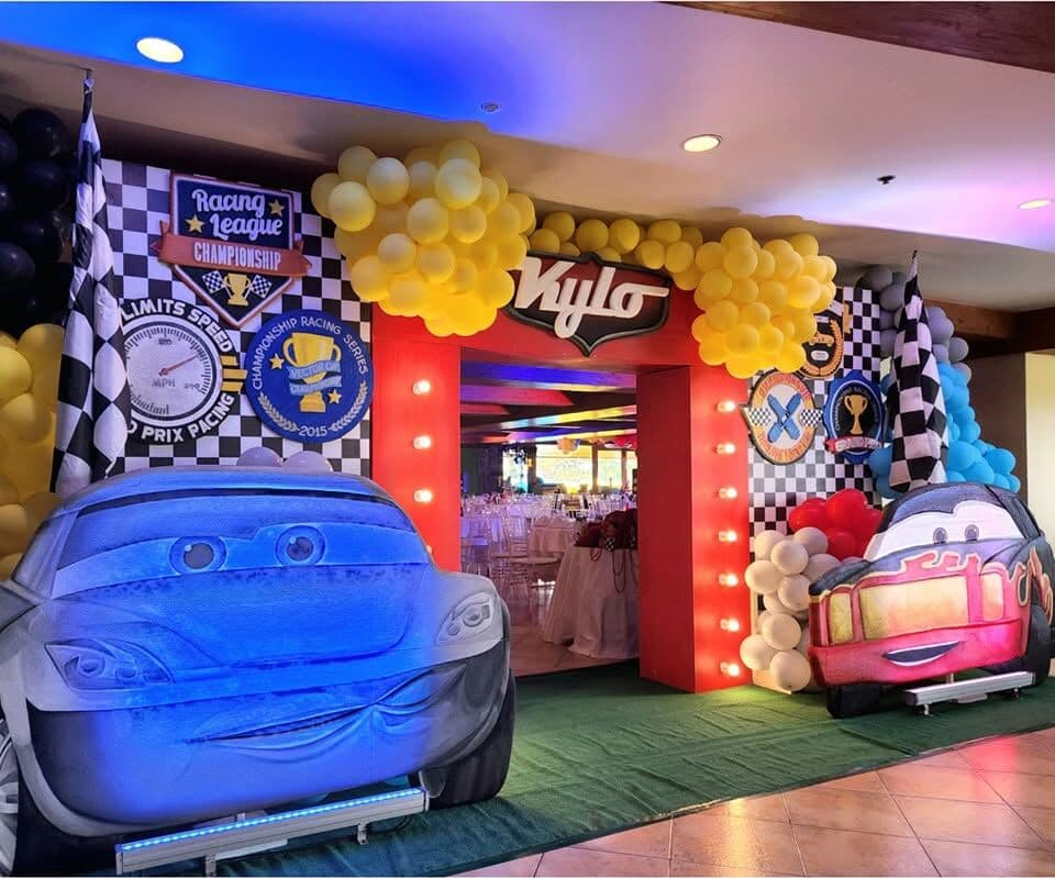 The entrance to a Cars-themed birthday