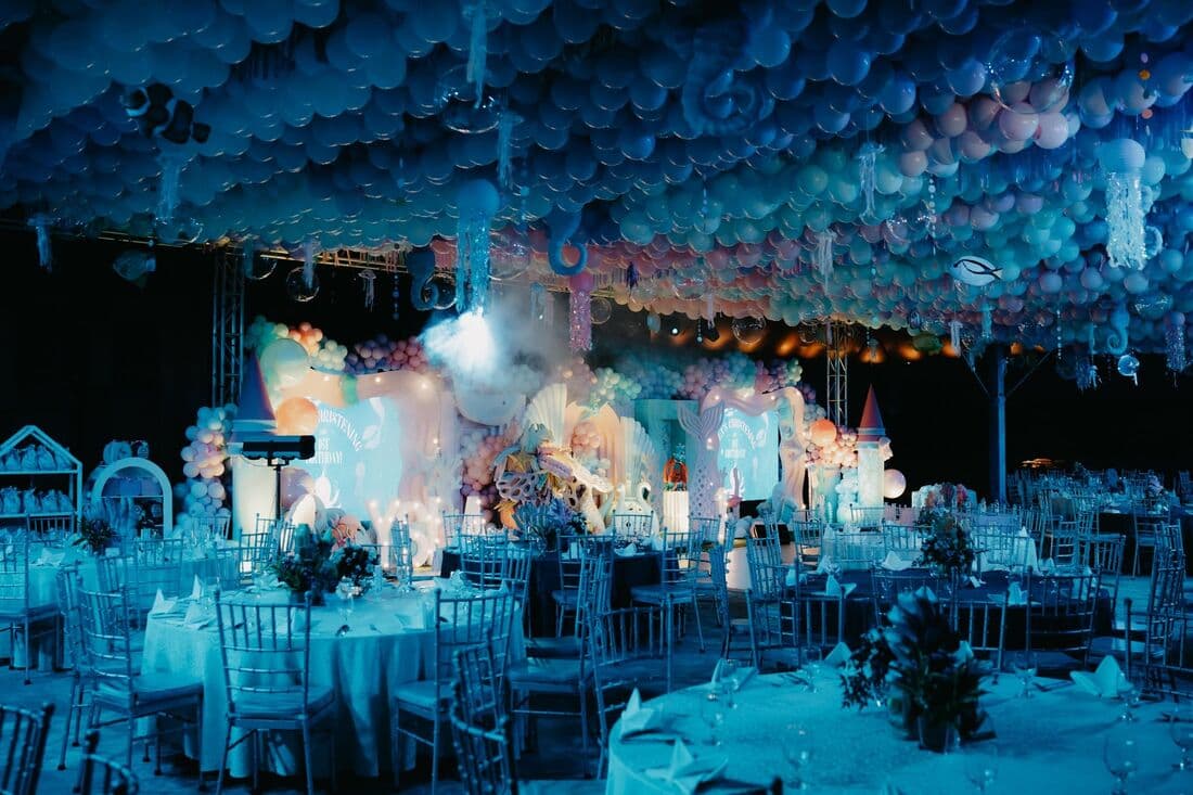 A reception washed in blue light