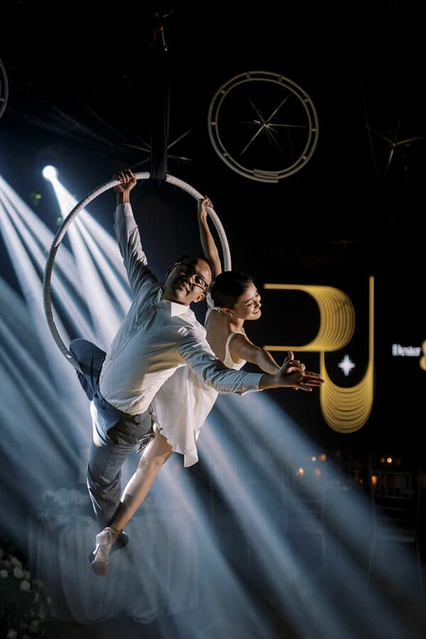 Aerial performers over the dance floor