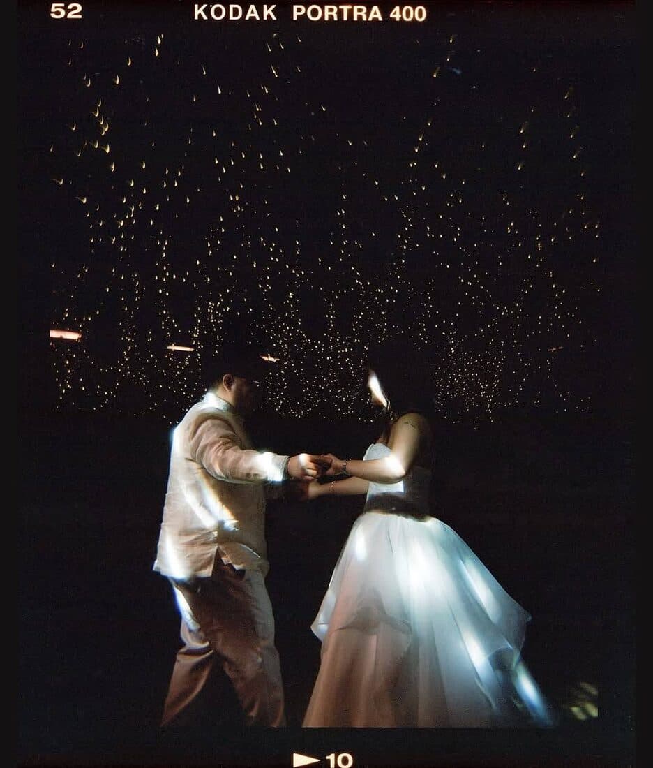 The couple in a shower of sparks, shot on film