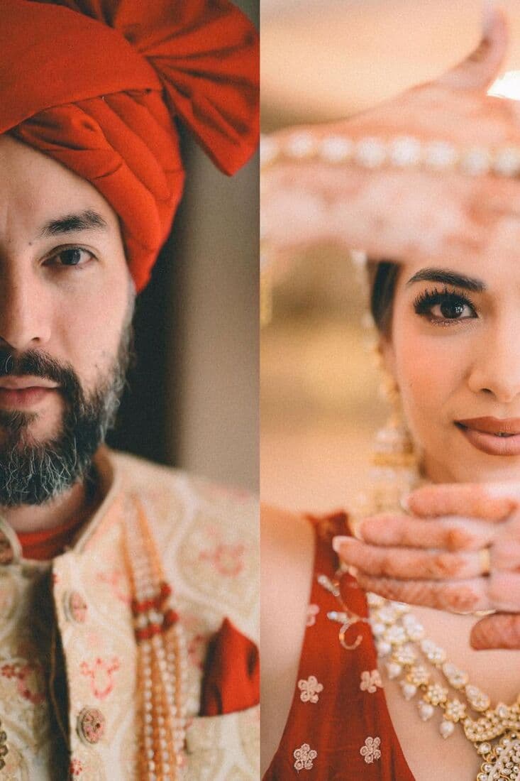 Split portrait of an Indian groom and bride
