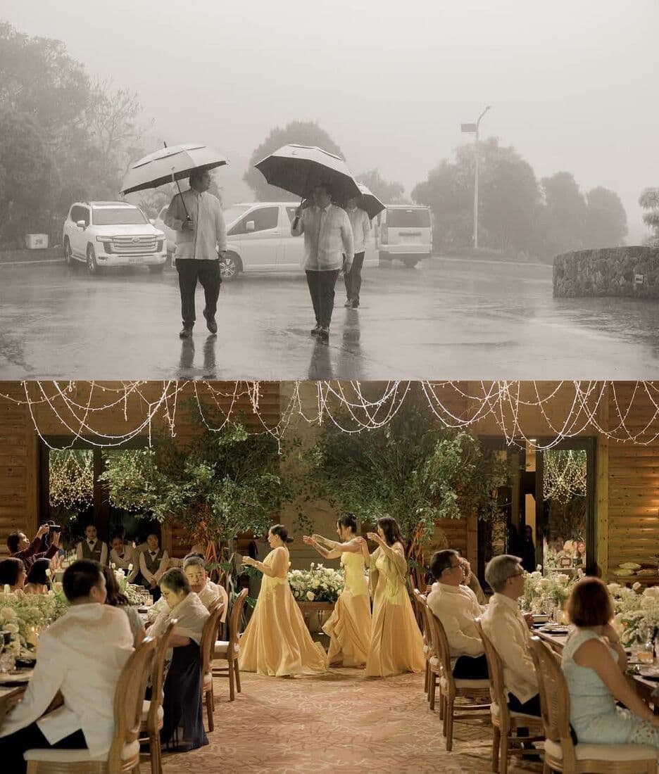 Guests under umbrellas in the rain
